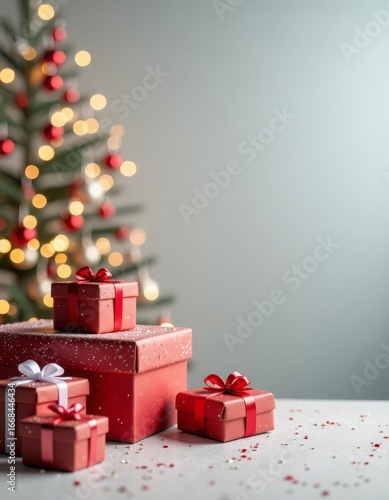 A red gift box with a golden bow on a gray background with gold sequins, a place for text. Christmas background. There is a Christmas tree with lights in the background.