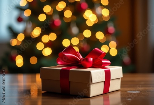 A red gift box with a golden bow on a gray background with gold sequins, a place for text. Christmas background. There is a Christmas tree with lights in the background.