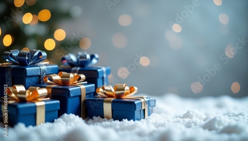 Lots of blue gifts with a gold ribbon on the background of a Christmas tree and snow, a gray background with gold sequins, a place for text. Christmas background.