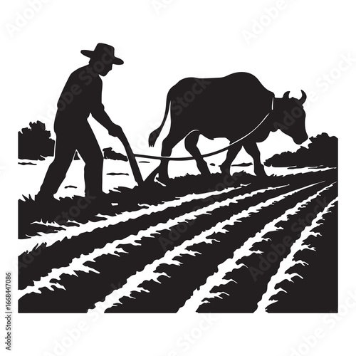 Farmer Plowing Field with Ox Silhouette Vector