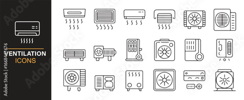 Minimalist line icons showing ventilation, heating, and cooling appliances for homes and offices.