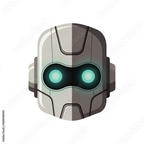 Gray robot head graphic design with glowing blue eyes