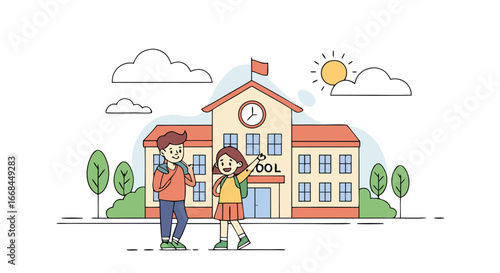 Happy students walk away from school building under sunny sky cheerful children returning home after classes end
