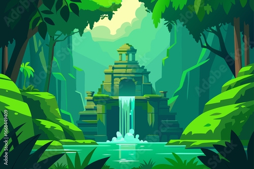 Waterfall temple in a lush green jungle scenery