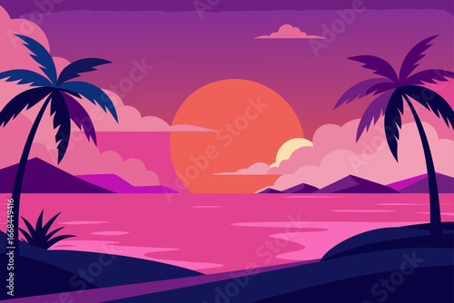 Palm trees sunset over the ocean landscape view