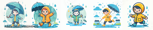 vector of a boy playing in the rain wearing raincoats