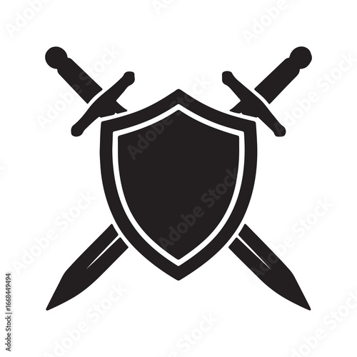 Shield and Swords Crossed Silhouette Icon Vector