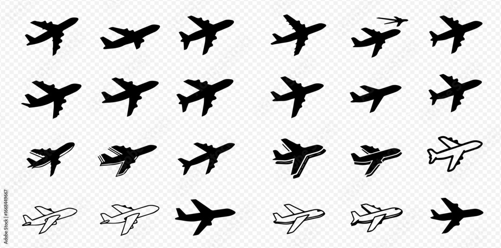 Naklejka premium A grid of diverse airplane icons and silhouettes, illustrating different styles of aircraft for aviation and travel concepts.