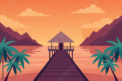Sunset over tropical pier with mountains and palms