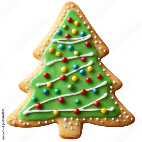 Christmas tree-shaped cookie decorated with green icing and colorful sprinkles- perfect for holiday celebrations. Isolated on transparent background- png.