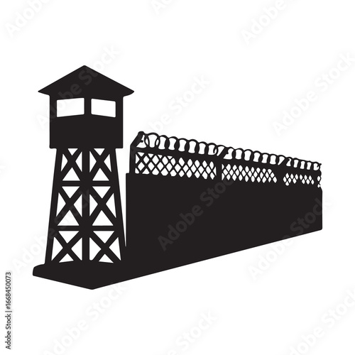Prison Watchtower Security Fence Silhouette Vector