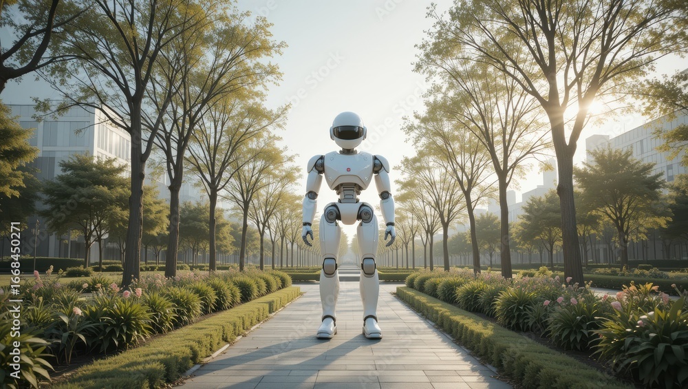 Obraz premium Humanoid Robot Standing in Modern Park Surrounded by Lush Trees and Sunlit Pathway