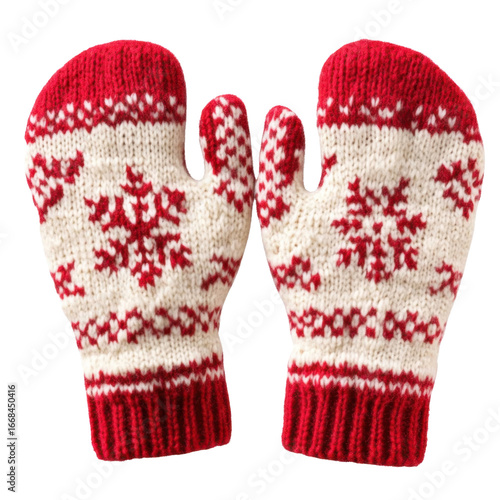 Pair of cozy knitted mittens in red and white- featuring a traditional snowflake pattern- perfect for winter warmth and festive Christmas wear. Isolated on transparent background- png.