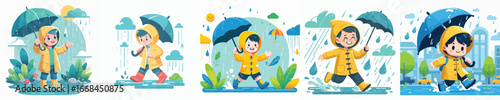 vector of a boy playing in the rain wearing raincoats