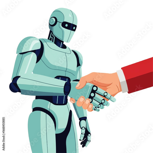 A light teal robot extends a hand in a handshake with a human hand, symbolizing collaboration and partnership