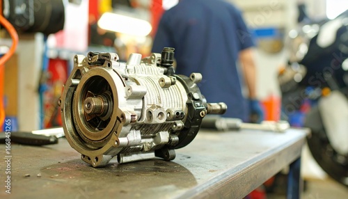 engine part on workbench in motorcycle repair shop