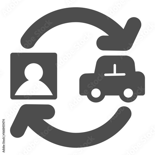 Driver license lookup solid icon, learner permit concept. Vector graphics. Two arrows with photo and car, driving sign on white background, glyph style icon for mobile or web design.