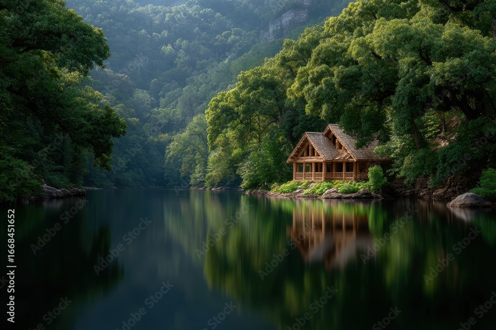 Fototapeta premium Secluded Log Cabin on Lake Reflecting Tranquil Forest Nature Landscape