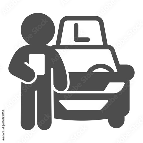 Instructor and company car solid icon, learners permit concept. Vector graphics. Man with driving school vehicle, driving sign on white background, glyph style icon of mobile or web design.