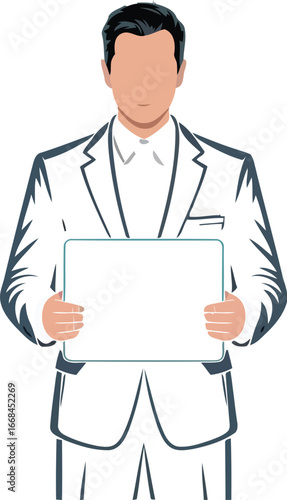 Confident Professional with Board: A professional man confidently holds a blank board, conveying a sense of authority and preparedness, ready to present an important message.