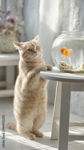 Beige fluffy cat looking at goldfish in aquarium, in bright room, nature concept. Kitten playing with fish in round aquarium