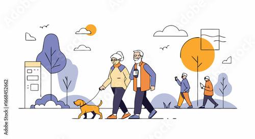 Senior Couple Enjoying a Walk in the Park with their Grandchildren Friends
