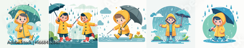 vector of a boy playing in the rain wearing raincoats