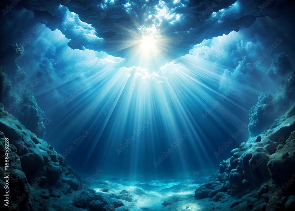 Obraz premium Sunlight piercing through deep ocean clouds creating heavenly rays