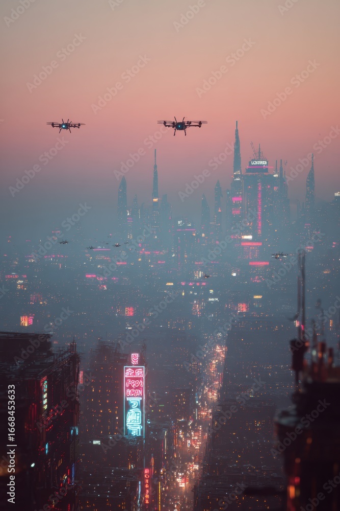 Fototapeta premium Aerial view of drones soaring over a futuristic city at dusk