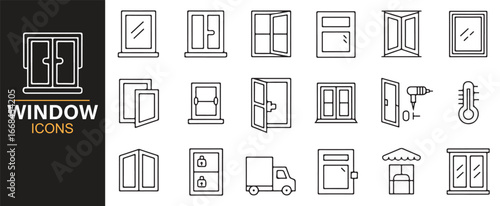Vector window icon collection for home renovation and construction, featuring locks, handles, and window panes.