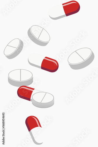High-quality vector composition of falling medicine tablets and capsules, styled for science, health and wellness design projects