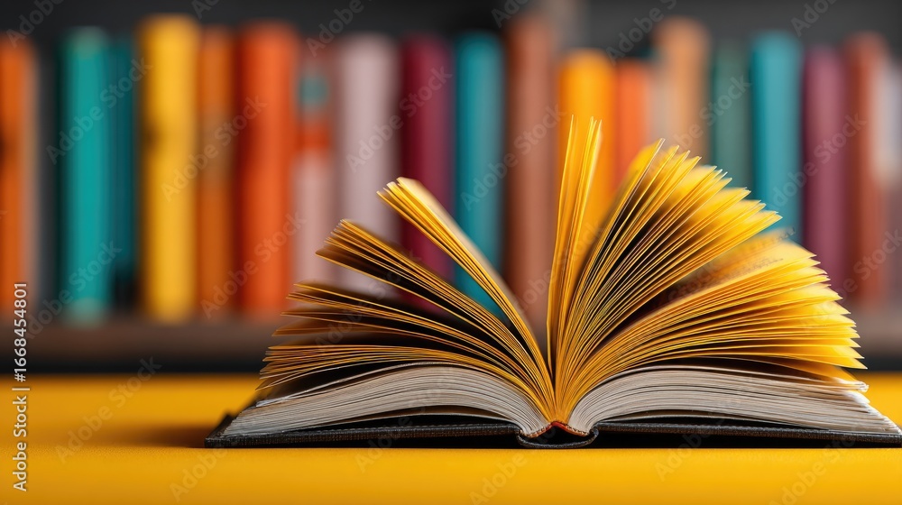Fototapeta premium Open yellow book with blurred bookshelf background