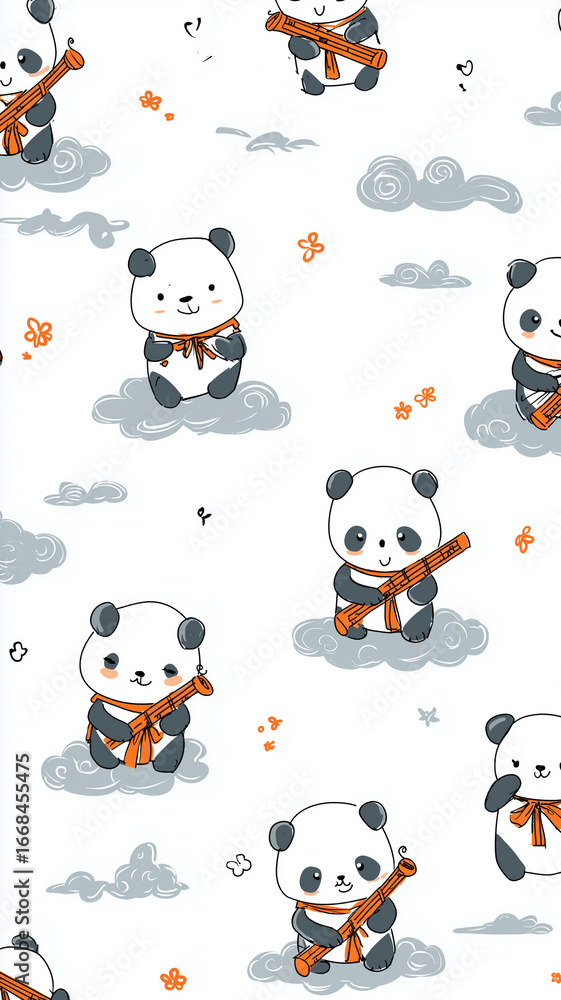 Fototapeta premium Cute panda pattern with light colors and simple, adorable design featuring pandas playing flutes and wearing scarves on clouds. playful and whimsical style adds charm