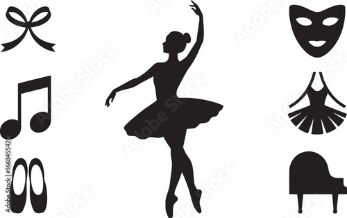 Ballet Dancer Silhouette with Dance Elements on Transparent Background for Art Projects