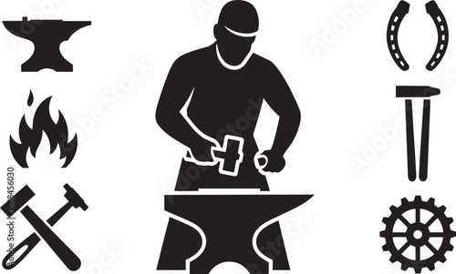 Blacksmith Silhouette Shaping Metal on Anvil with Hammer and Forge Tools on Transparent Art