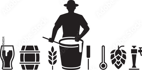 Brewmaster's Silhouette Crafting Beer with Traditional Tools and Ingredients on Transparent Backdrop