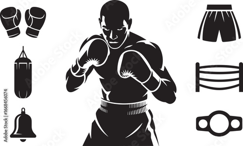 Boxing Champion Silhouette Vector Illustration with Gloves, Ring, and Punching Bag Elements