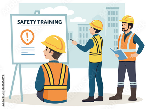 “Construction Workers Safety Training Illustration – Workplace Safety, Engineering Team Meeting, Occupational Health and Checklist Concept in Flat Vector Style”