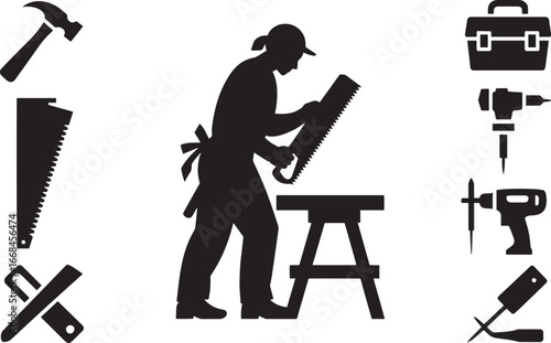 Carpenter Silhouette with Saw and Tools on Transparent Background Vector Illustration