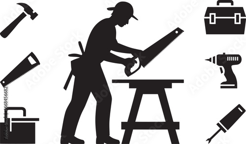 Carpenter Silhouette with Tools Icon Set, Woodworking, Crafting, and Construction