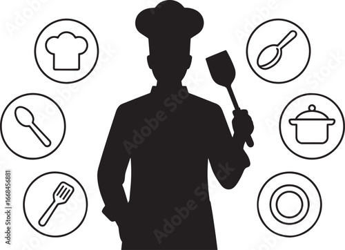 Chef Silhouette Surrounded by Culinary Icons on Transparent Background for Food Industry