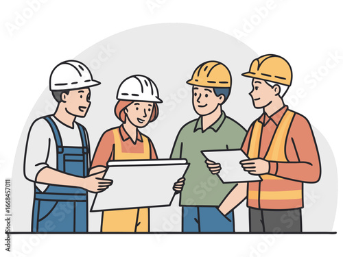 “Construction Workers Safety Training Illustration – Workplace Safety, Engineering Team Meeting, Occupational Health and Checklist Concept in Flat Vector Style”