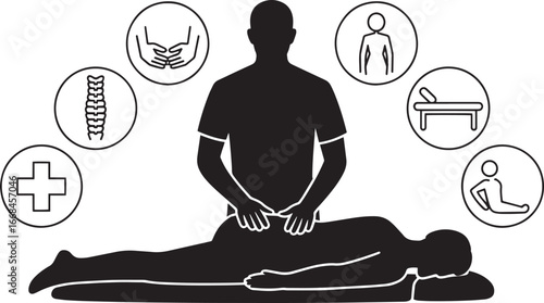 Chiropractor Silhouette with Spinal Health Icons on Transparent Background for Wellness