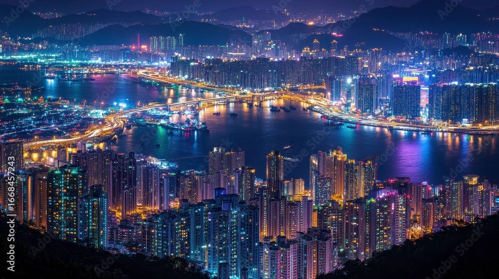 Obraz premium Vibrant City Lights at Night Overlooking a Coastal Urban Landscape