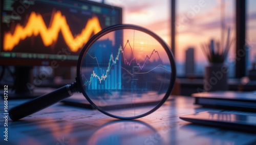 Magnifying Glass Focusing on Financial Data Charts and Graphs with Sunset View in Urban Office