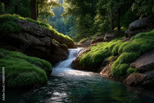 Scenic Waterfall Flowing Through Lush Green Forest Landscape Nature Scenery