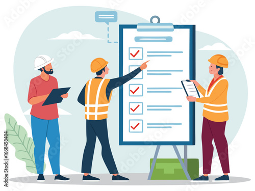 “Construction Workers Safety Training Illustration – Workplace Safety, Engineering Team Meeting, Occupational Health and Checklist Concept in Flat Vector Style”