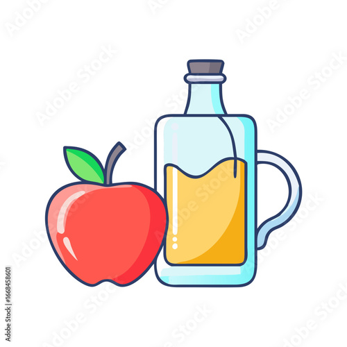 Red apple with green leaves and square juice bottle illustration