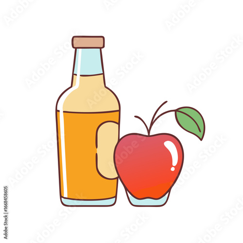Cartoon Style Apple Juice or Cider Bottle Next to a Fresh Apple