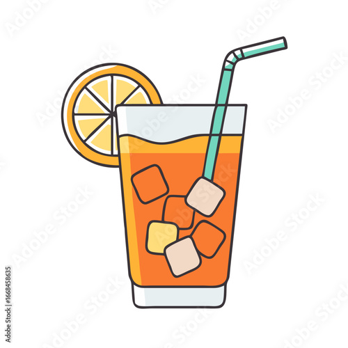 Cartoon illustration of a refreshing orange juice with ice and straw